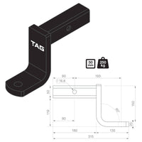 TAG Tow Ball Mount - 193mm Long, 90° Face, 50mm Square Hitch