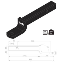 TAG Tow Ball Mount - 338mm Long, 90°Face, 50mm Square Hitch